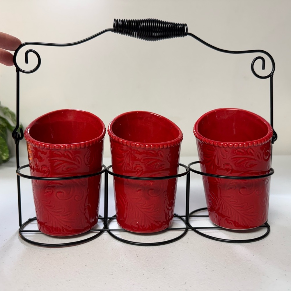 Red Ceramic Utensil Holder Set with Black Metal Caddy